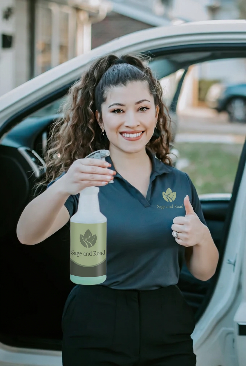 Founder holding a Sage and Road spray bottle during an early detailing session